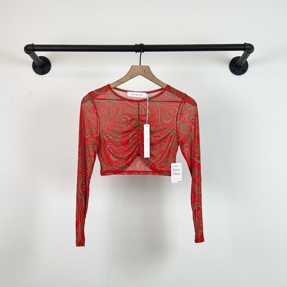 NWT Lisa Says Gah Eleanor Mesh Long Sleeve Ruched Crop Top Wild Hearts Red - Picture 4 of 7